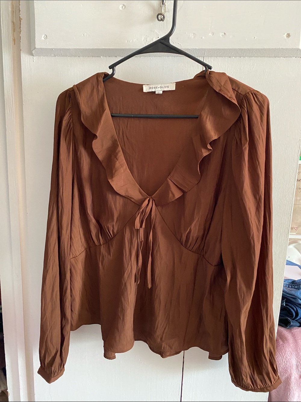 Rose & Olive Chocolate Brown Ruffle Tie-Front Blouse
